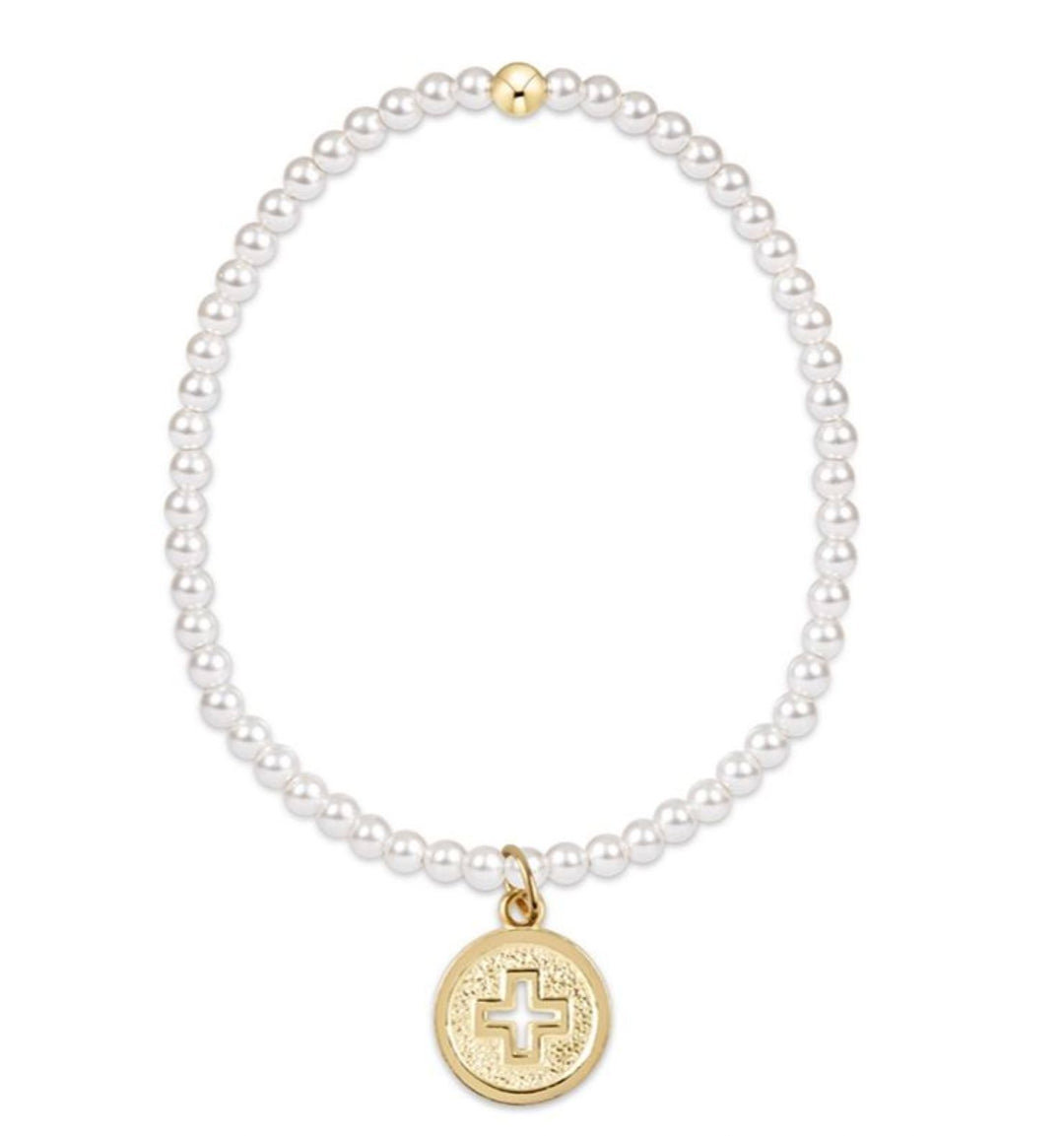 Classic Pearl 3mm Bead Bracelet - Signature Cross Gold Disc Womens Bracelet ENewton 