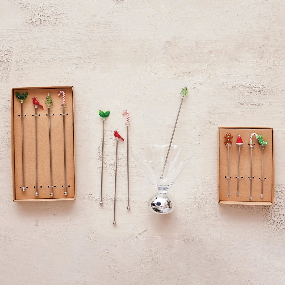 Cocktail Stirrers with Hand-Blown Glass Icons - Boxed Set of 4 Stir Sticks Creative Brands 