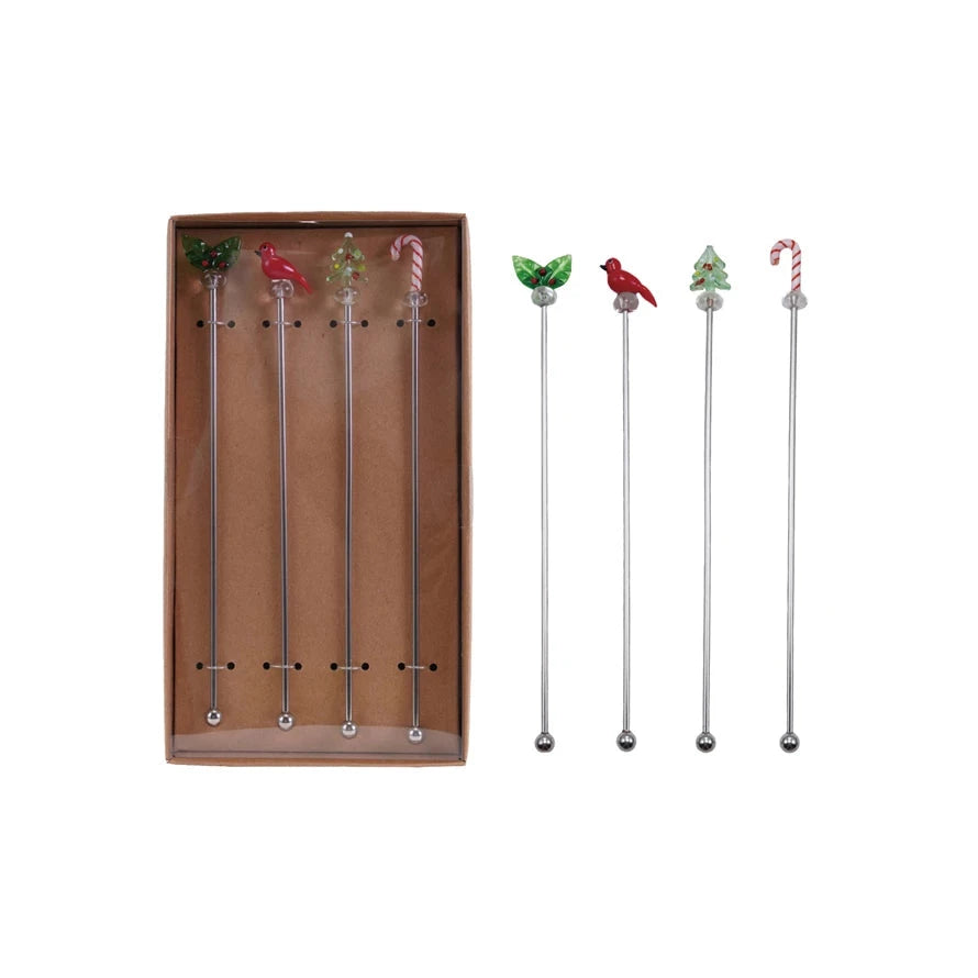 Cocktail Stirrers with Hand-Blown Glass Icons - Boxed Set of 4 Stir Sticks Creative Brands 