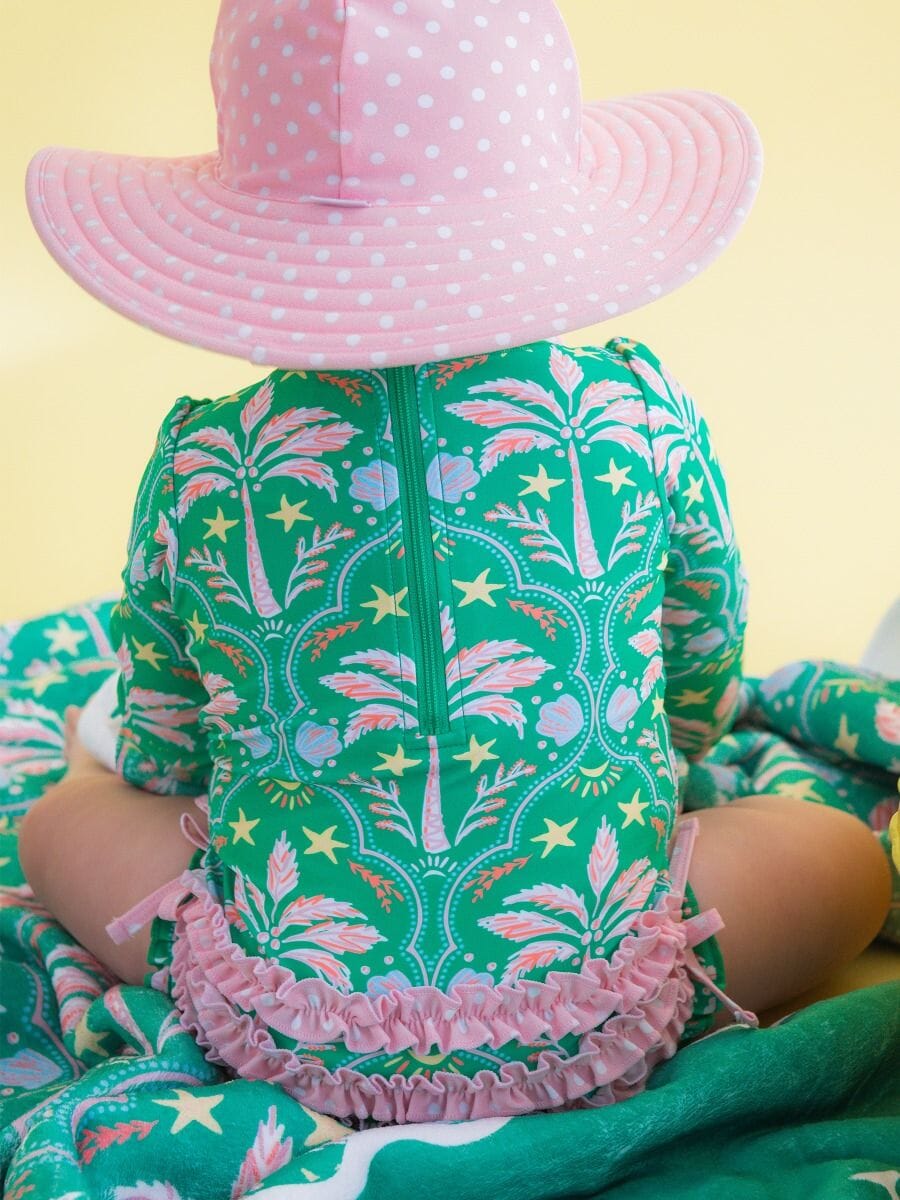 Coconut Cabana Long Sleeve Rash Guard Swimsuit Girl Bathing Suit Rufflebutts 