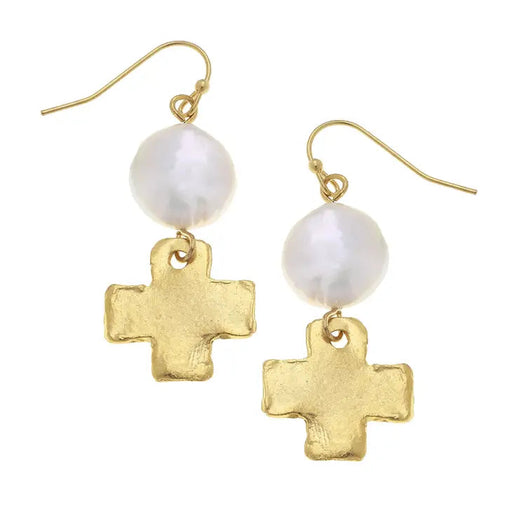 Coin Pearl and Gold Cross Drop Earrings Earrings Susan Shaw 