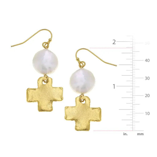 Coin Pearl and Gold Cross Drop Earrings Earrings Susan Shaw 