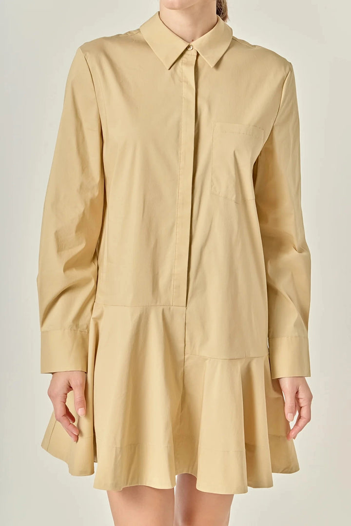 Collar Flare L/S Skirt Dress - Beige Womens Dress English Factory 