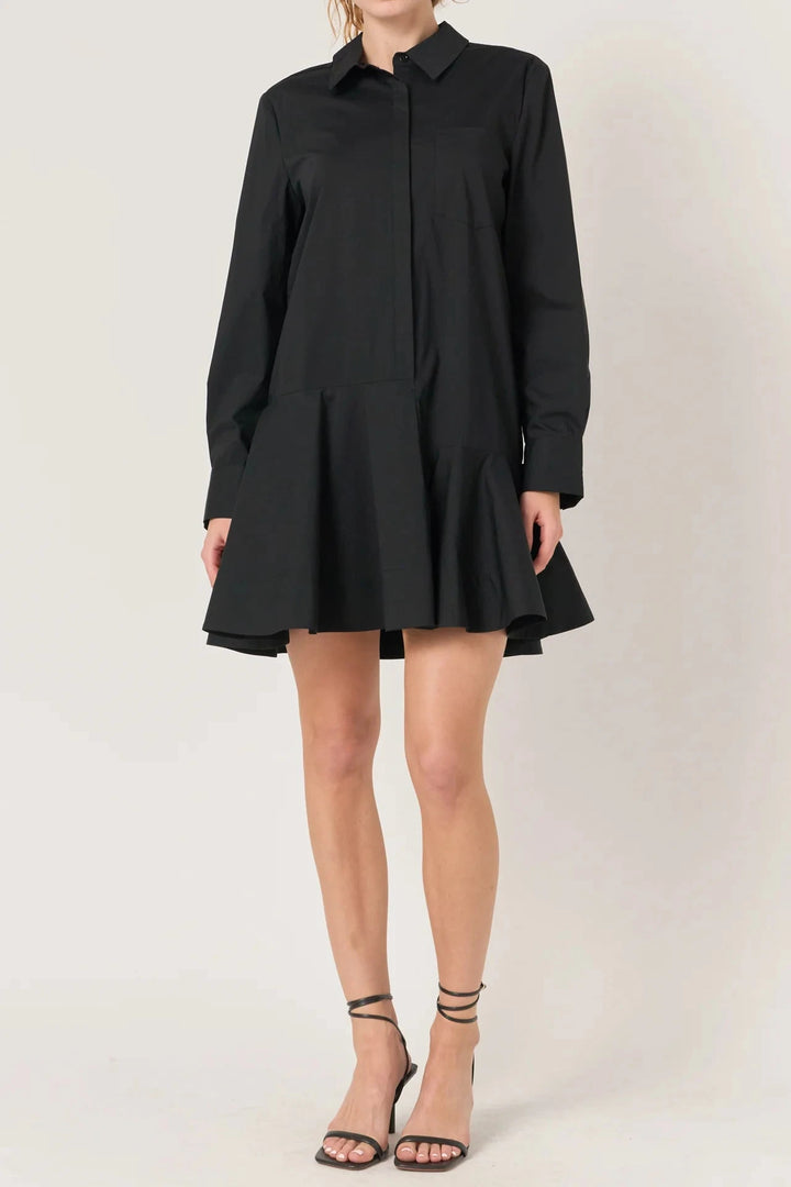 Collar Flare Skirt Dress - Black Womens Dress English Factory 
