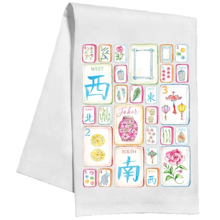 Colorful Mahjong Tiles Birds and Flowers Kitchen Towel Kitchen Towel Rosanne Beck 