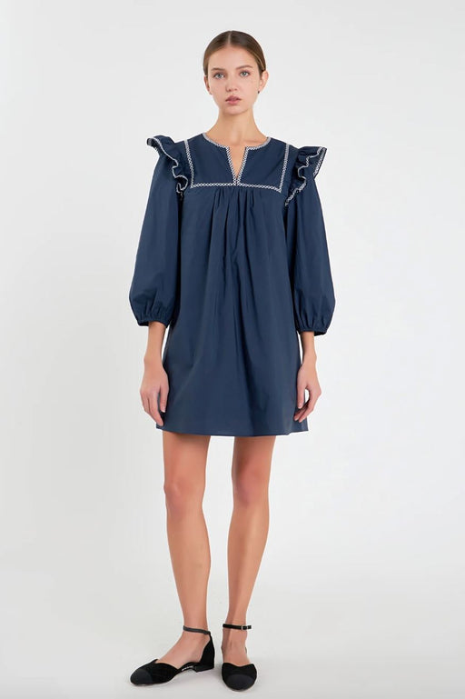 Contrast Embroidery Dress - Navy Womens Dress English Factory 