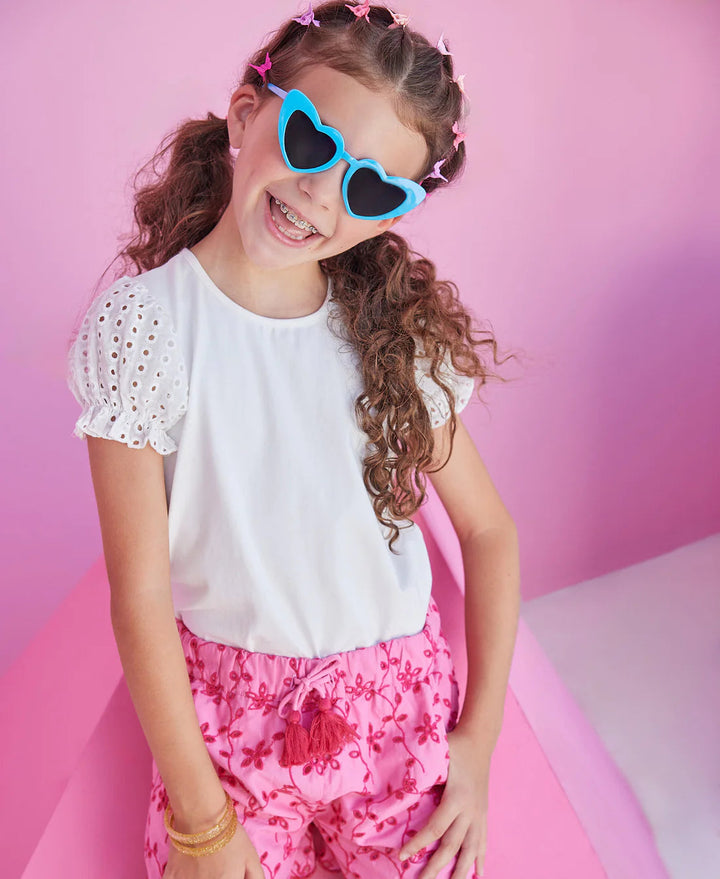 Contrast Sleeve Tee - White Eyelet Girl Shirt Bisby 