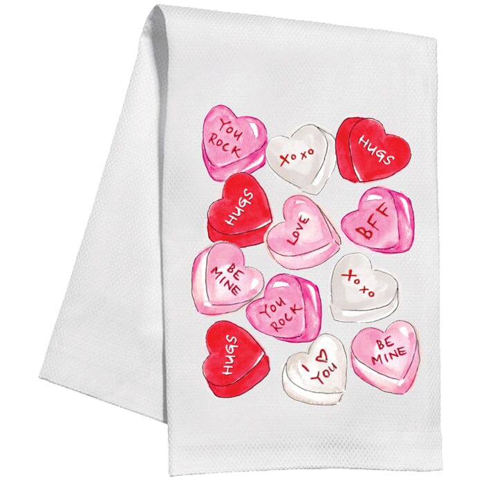 Conversation Hearts Red Pink and White Kitchen Towel Kitchen Towel Rosanne Beck 