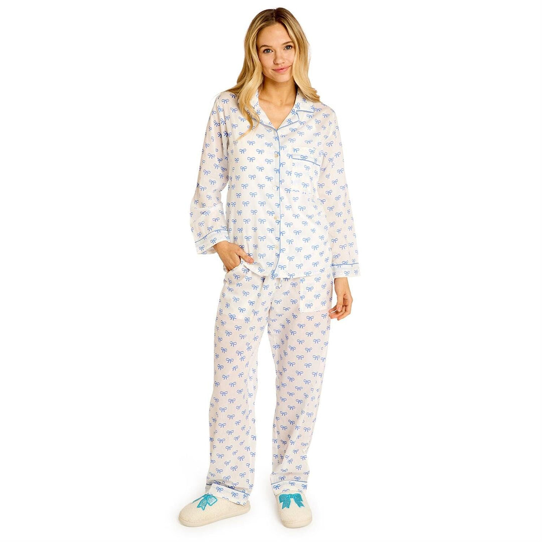 Coquette Bow Print Cotton Printed Pajamas - Blue Womens Pajamas Two's Company 