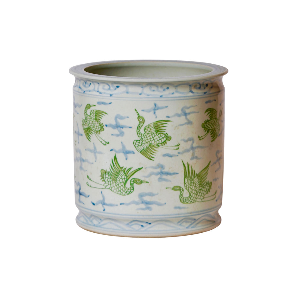 Cranes and Clouds Green and Blue Porcelain Cachepot Planter Cobalt Guild 