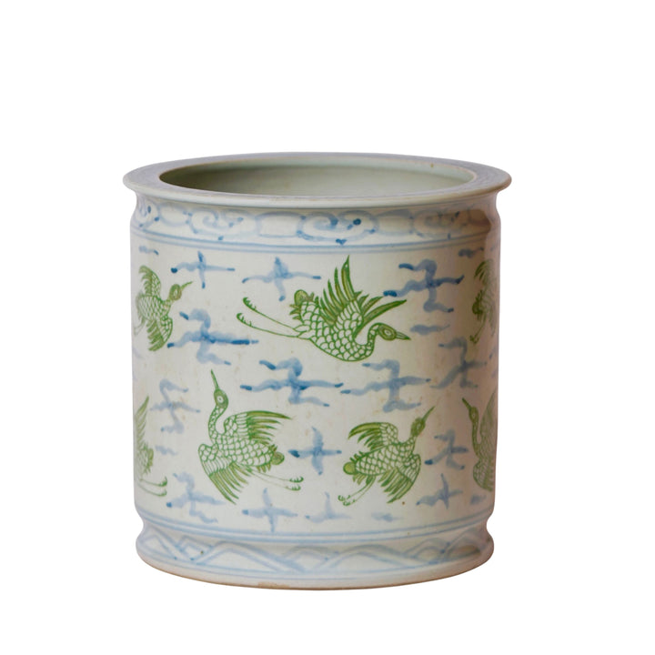 Cranes and Clouds Green and Blue Porcelain Cachepot Planter Cobalt Guild 