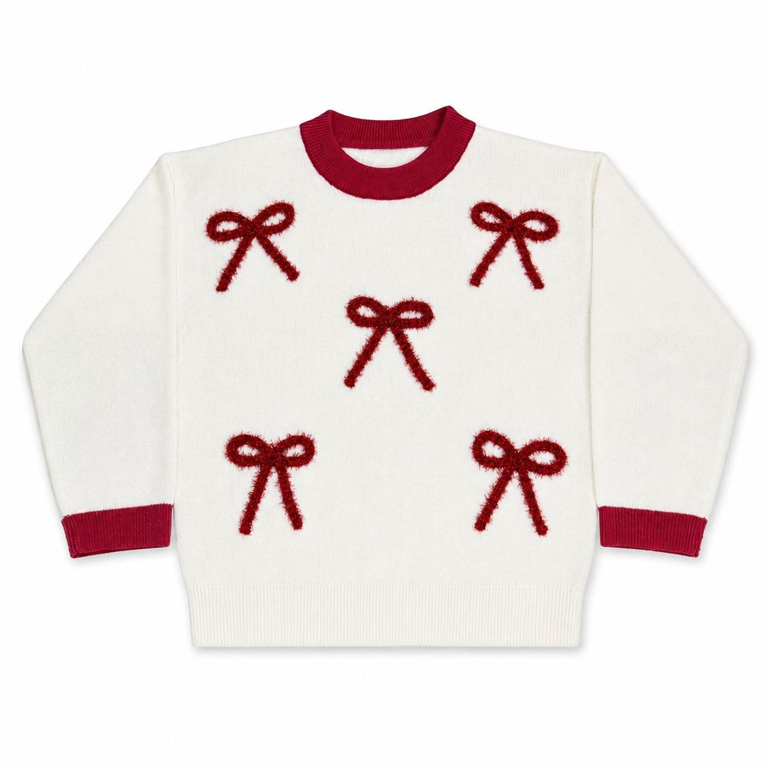 Cream Sweater with Embellished Bows - Red Girl Shirt Lulu Bebe 