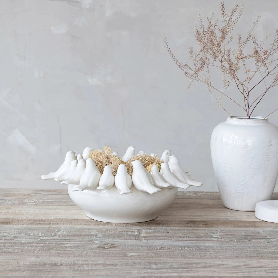 Decorative Stoneware Bowl/Planter with 3D Birds on Rim Decorative Bowl Creative Co-Op 