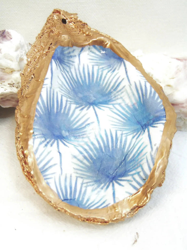 Designer Oyster Shell Jewelry Bowl Oyster Dish Low Country Linens Blue Fronds 