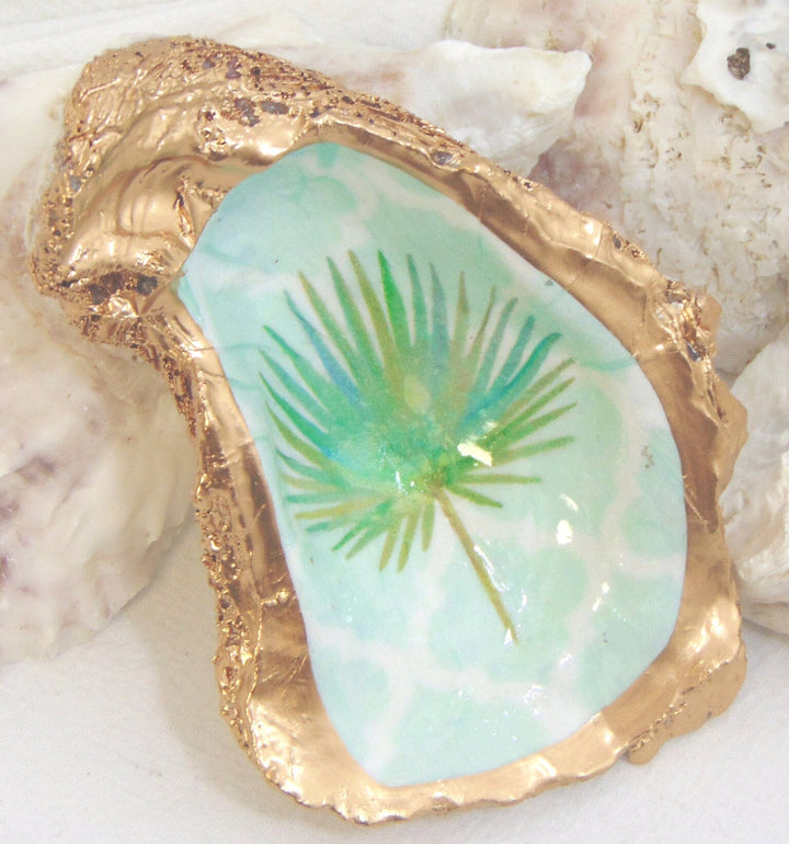 Designer Oyster Shell Jewelry Bowl Oyster Dish Low Country Linens Watercolor Frond 