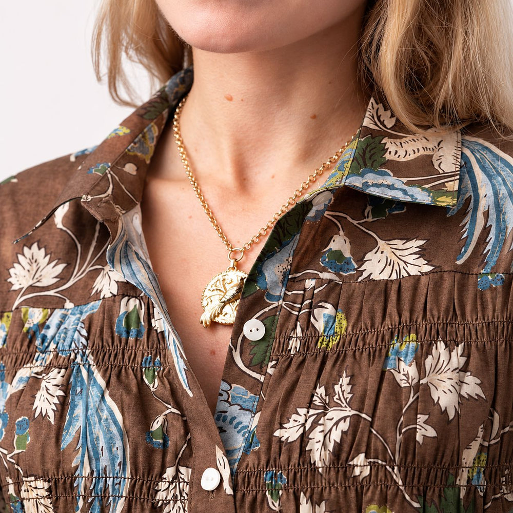 Dixie Smocked Shirt Dress - Japonica Bird Brown Womens Dress Spartina 