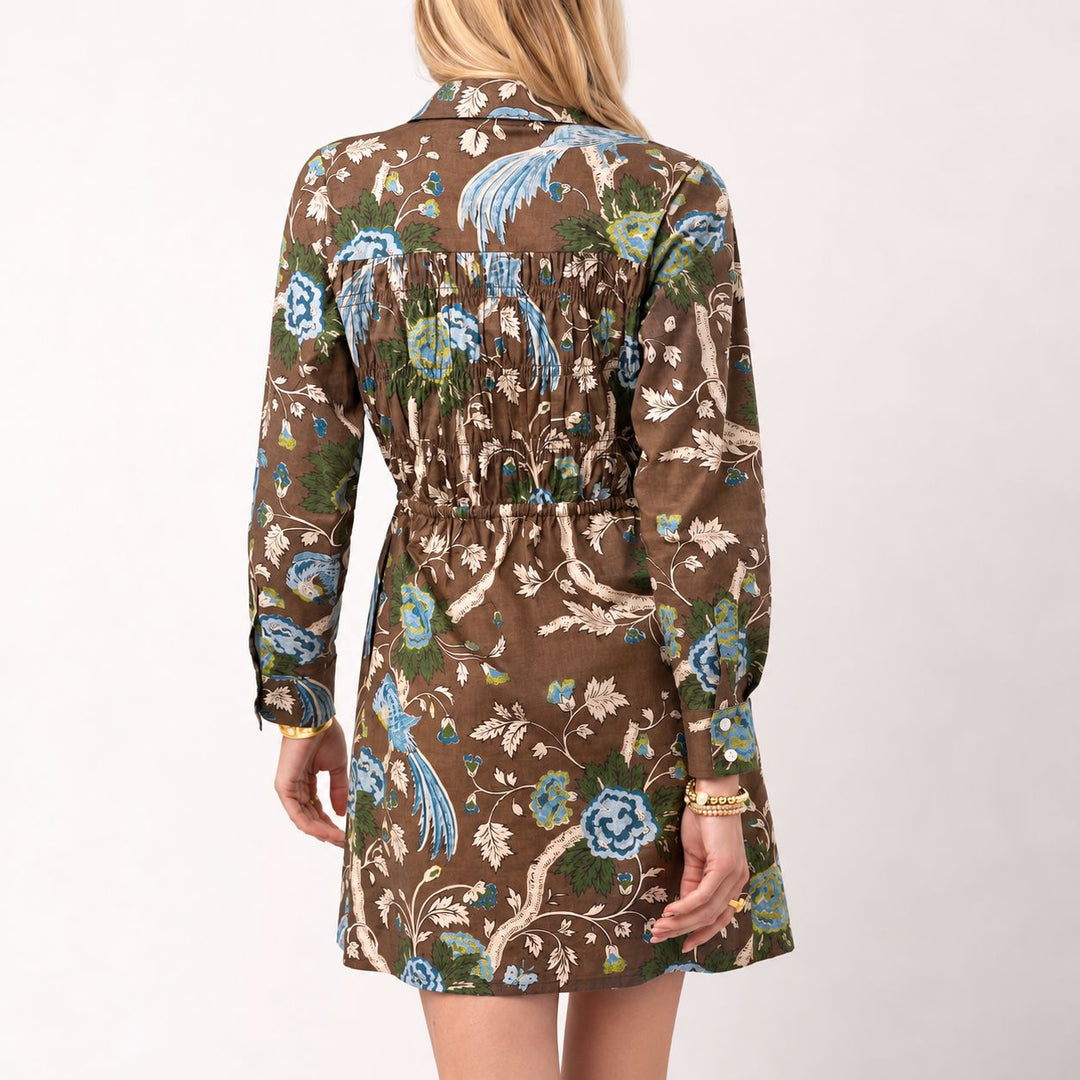 Dixie Smocked Shirt Dress - Japonica Bird Brown Womens Dress Spartina 