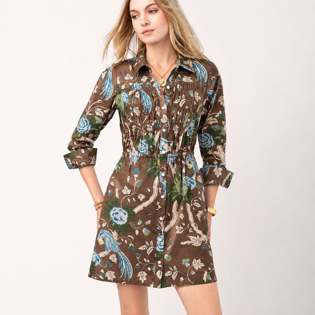 Dixie Smocked Shirt Dress - Japonica Bird Brown Womens Dress Spartina 