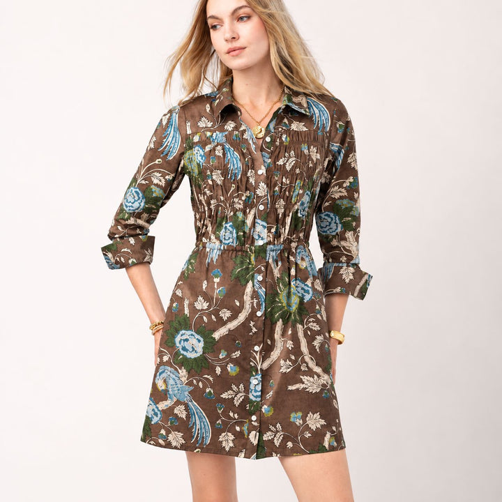 Dixie Smocked Shirt Dress - Japonica Bird Brown Womens Dress Spartina 