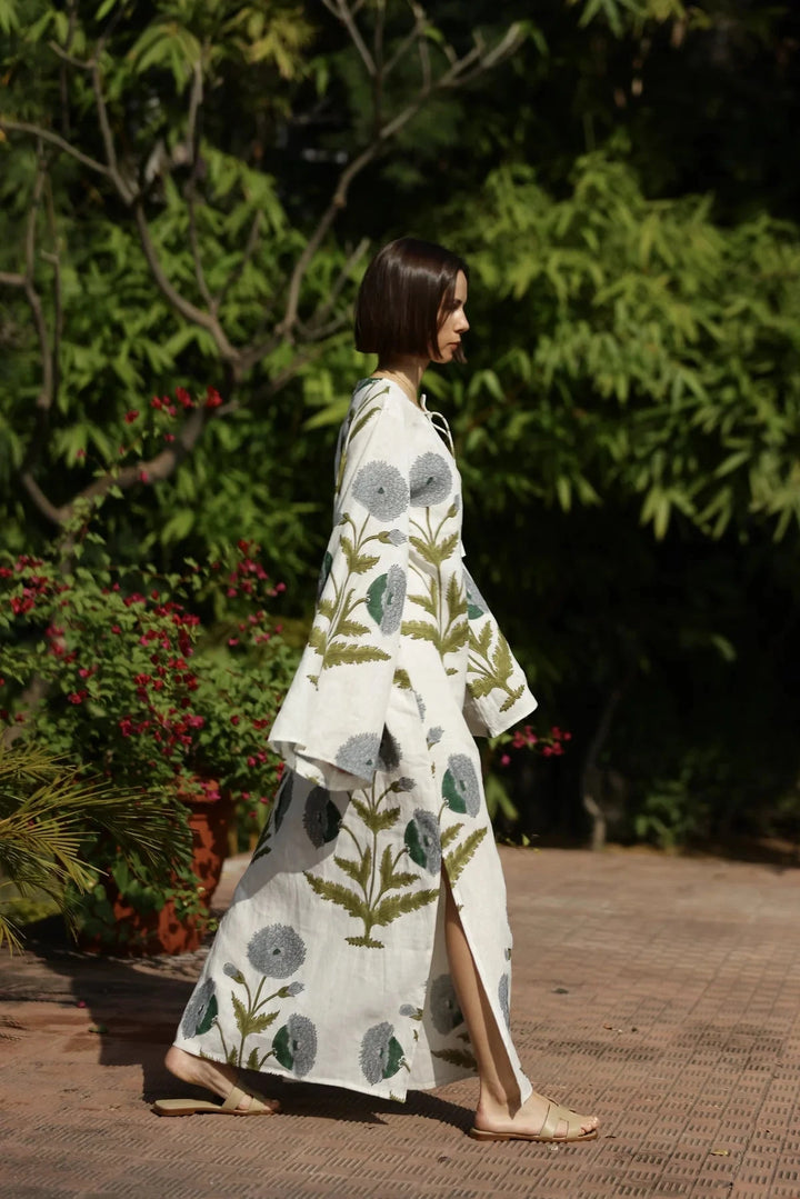 Doha Kaftan - Blue/Green Flower Womens Dress Maison Marigold 