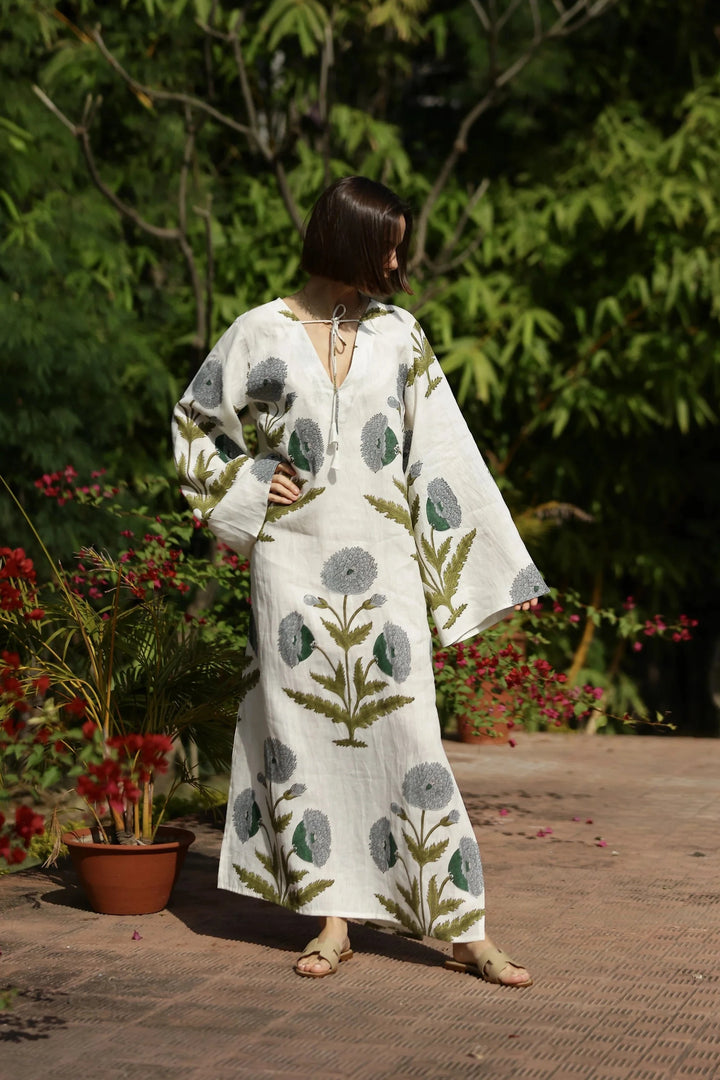 Doha Kaftan - Blue/Green Flower Womens Dress Maison Marigold 