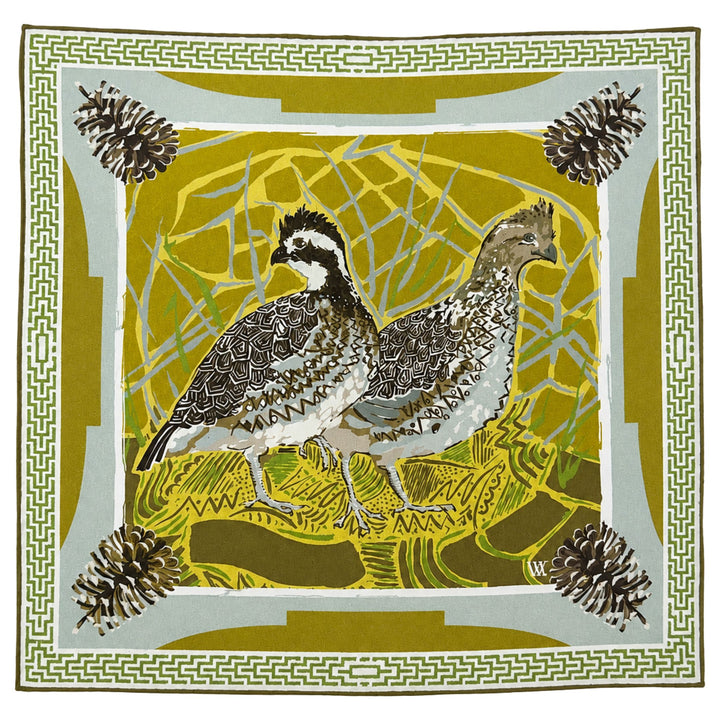 Double Sided Silk Scarves - Gold Quail Pair Scarf Renwood 35x35 