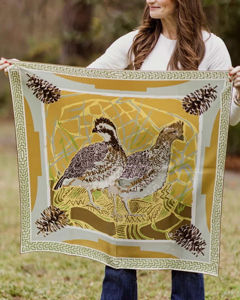 Double Sided Silk Scarves - Gold Quail Pair Scarf Renwood 