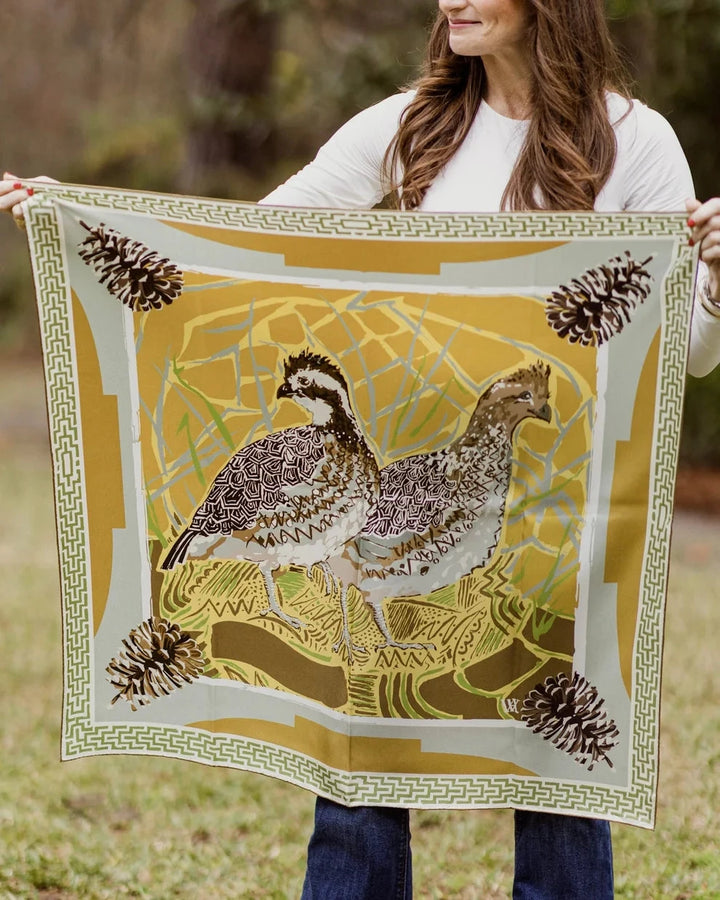 Double Sided Silk Scarves - Gold Quail Pair Scarf Renwood 