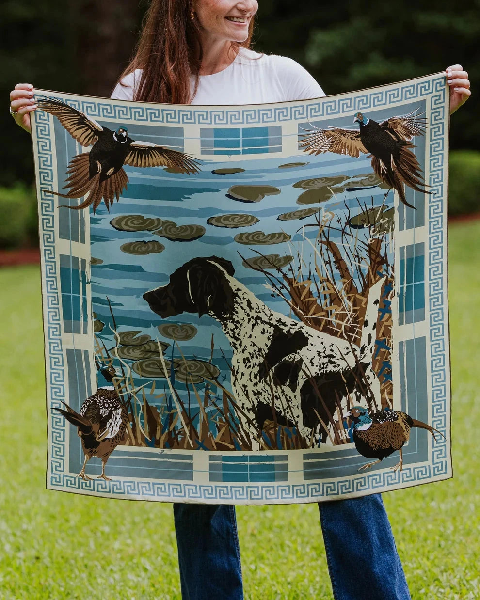 Double Sided Silk Scarves - Light Blue Pheasant Watch Scarf Renwood 