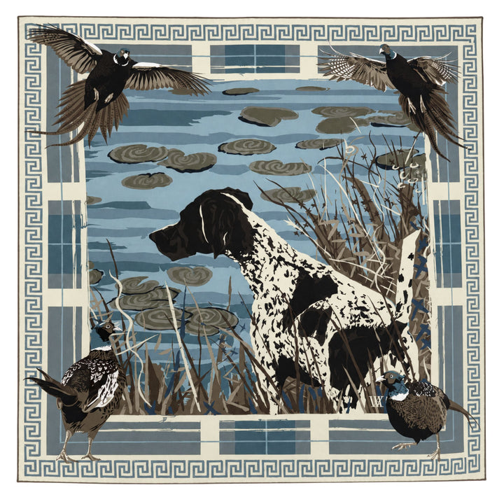 Double Sided Silk Scarves - Light Blue Pheasant Watch Scarf Renwood 35x35 