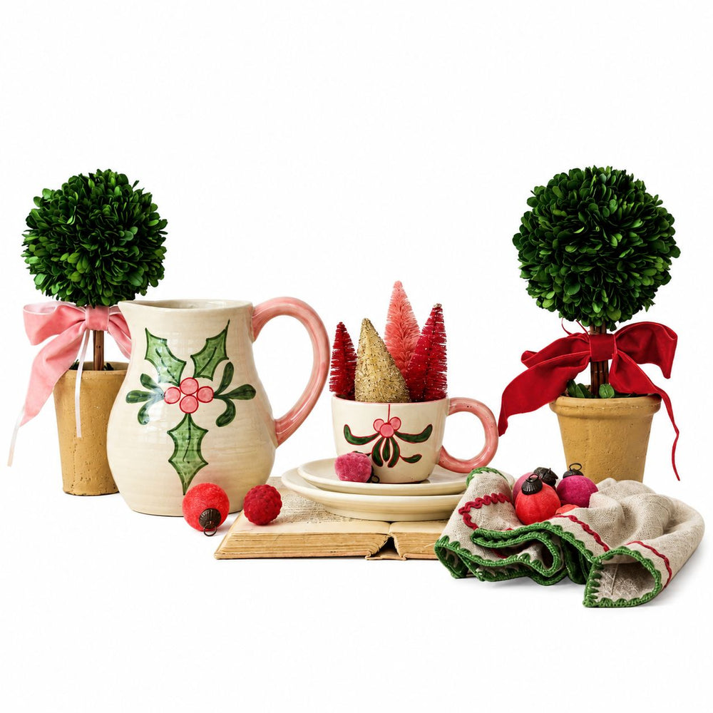 Dried Boxwood Tree in Terra-cotta Pot with Red Velvet Bow Christmas Decor Creative Co-Op 