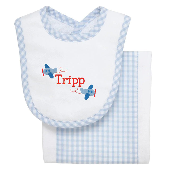 Drooler Bib and Burp Set Burp Cloths 3 Marthas Blue Big Check 