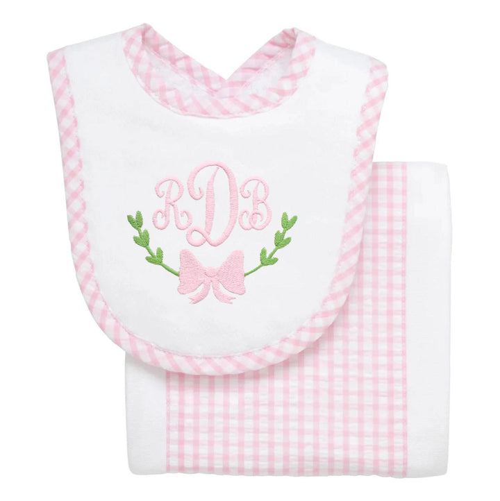 Drooler Bib and Burp Set Burp Cloths 3 Marthas Pink Big Check 