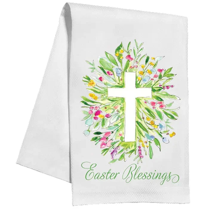 Easter Blessings Cross Spring Florals and Greenery Kitchen Towel Kitchen Towel Rosanne Beck 