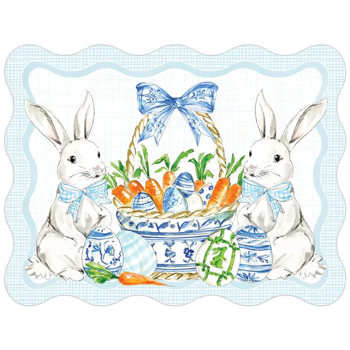 Easter Bunnies with Basket Full of Carrots and Blue Chinoiserie Eggs Placemats Rosanne Beck 