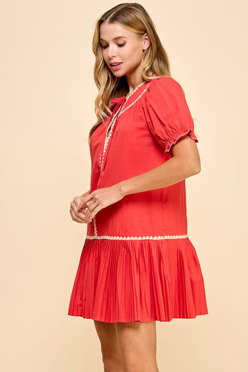 Embroidery Trim Split Neckline Dress - Red Womens Dress TCEC 