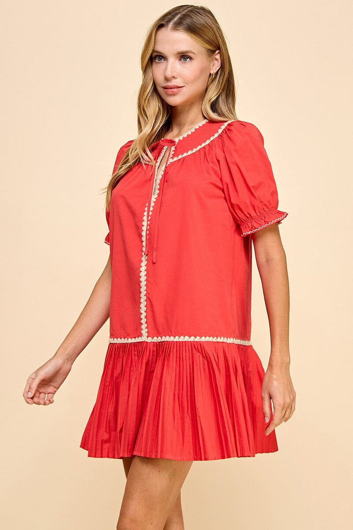 Embroidery Trim Split Neckline Dress - Red Womens Dress TCEC 