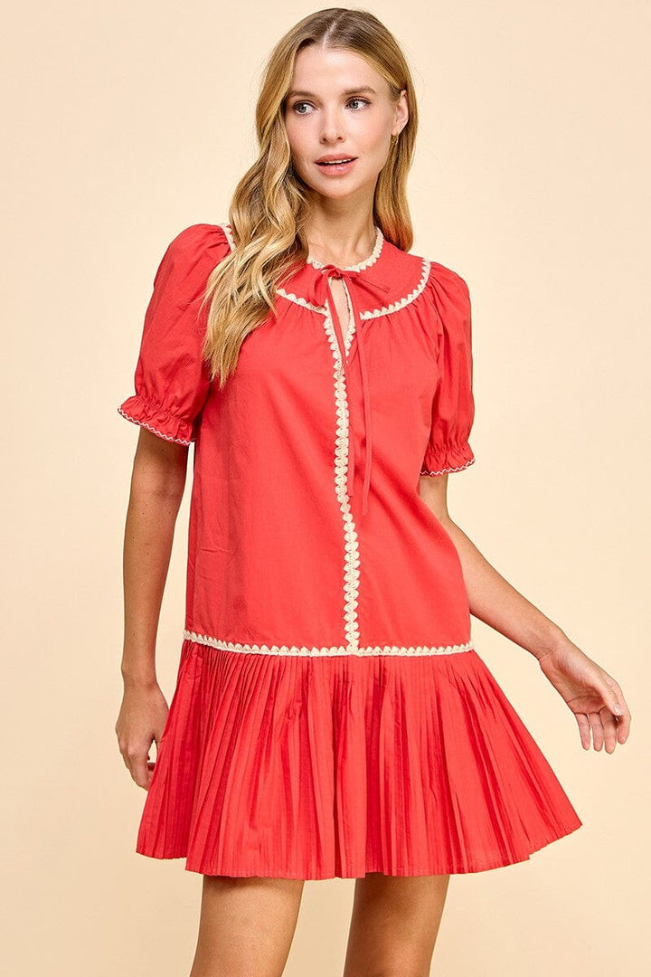 Embroidery Trim Split Neckline Dress - Red Womens Dress TCEC 