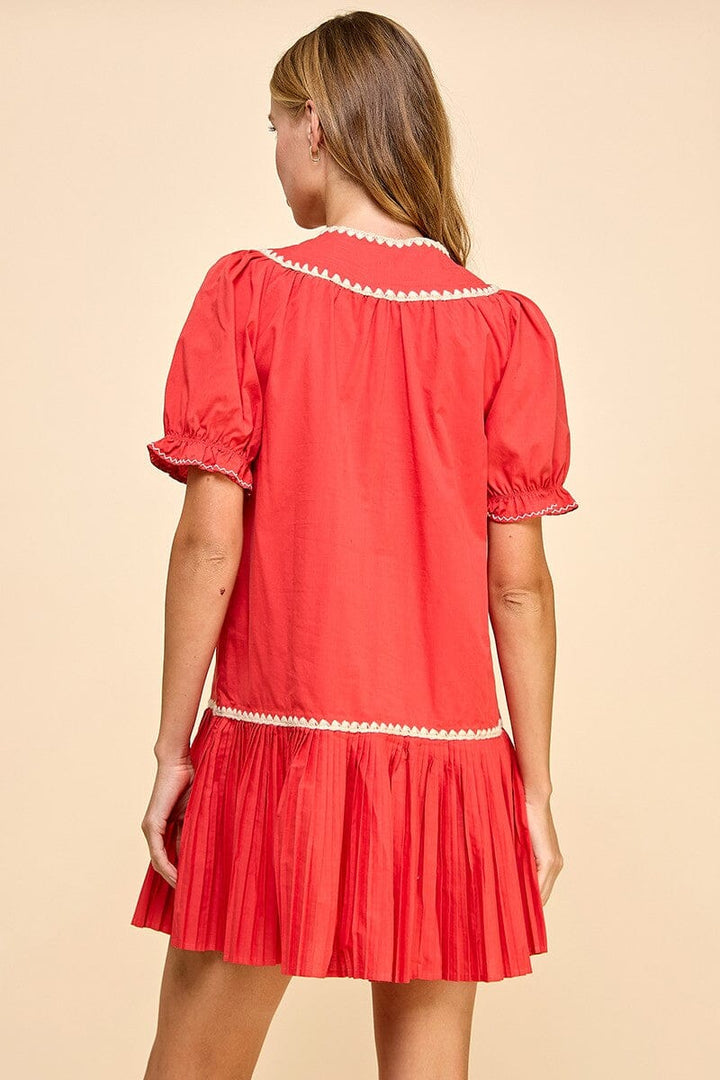 Embroidery Trim Split Neckline Dress - Red Womens Dress TCEC 