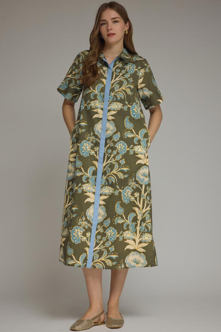 Green and Cream Filigree Midi Dress