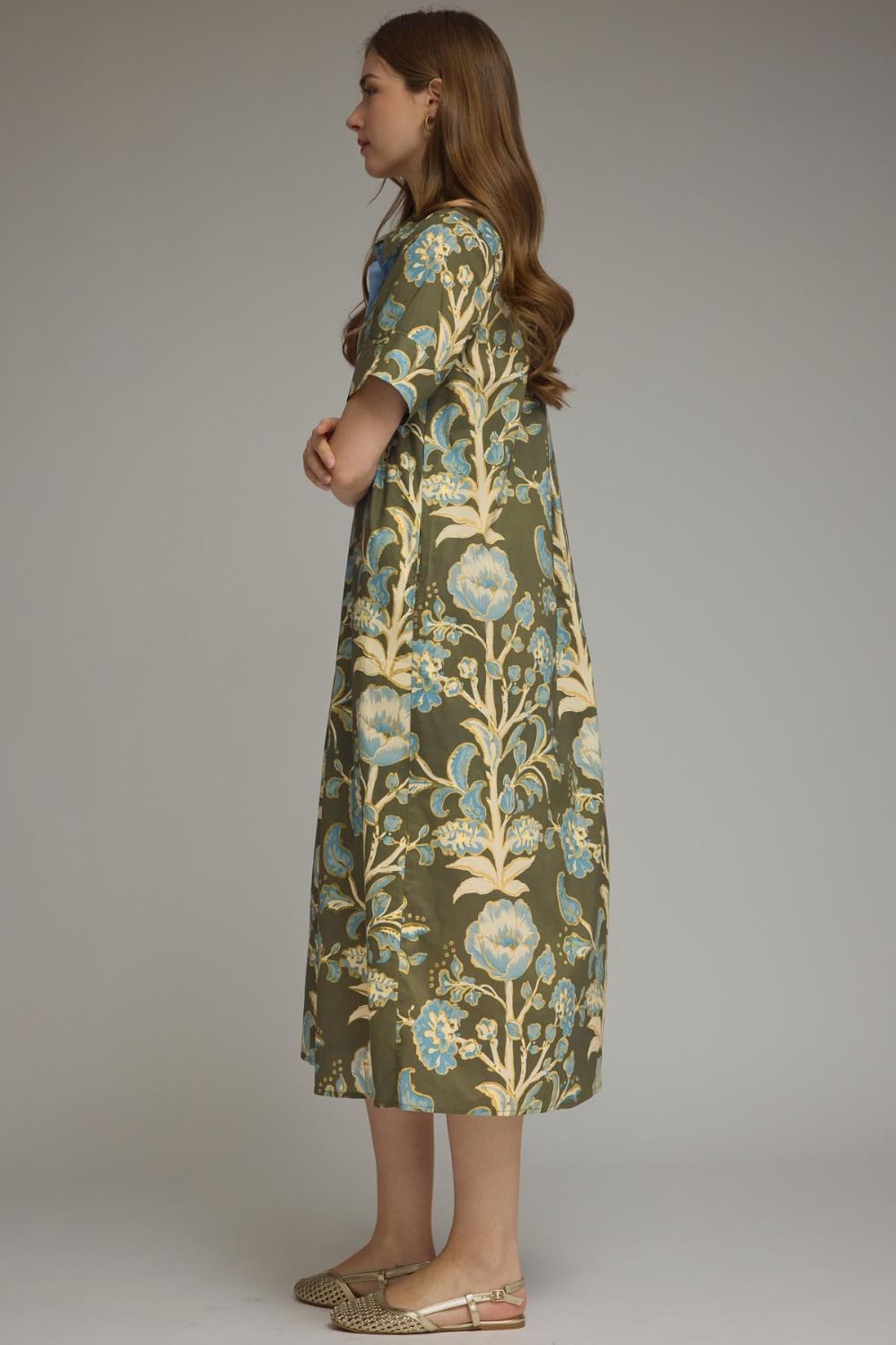 Green and Cream Filigree Midi Dress