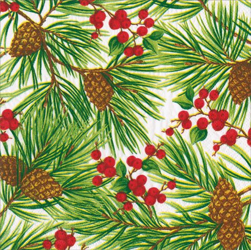 Evergreen And Berries White Cocktail Napkins - 20 Per Package Cocktail Napkins Caspari 