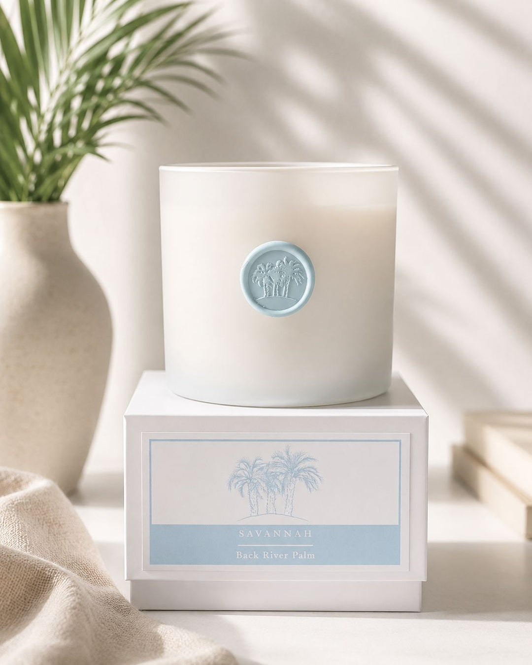 Exclusive Savannah Collection - Large Candle - Back River Palm Baby Blue Candle Your Name Candles 