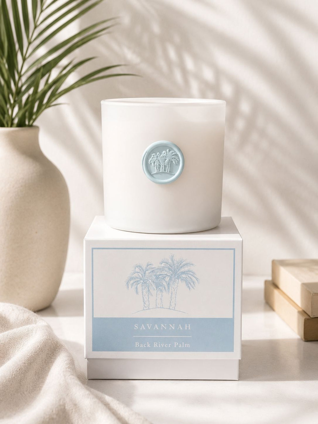 Exclusive Savannah Collection - Small Candle - Back River Palm Baby Blue Candle Your Name Candles 