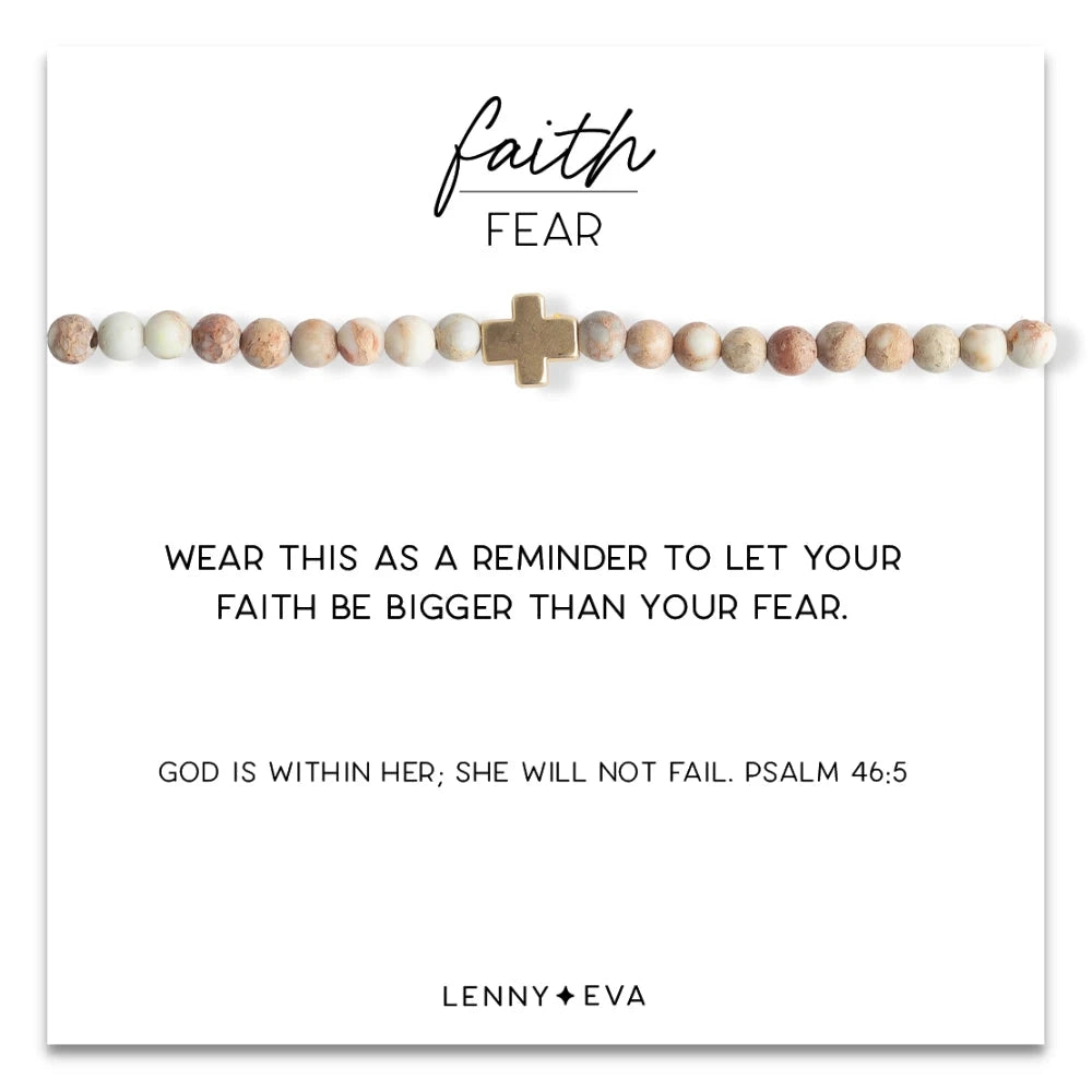 Faith Over Fear Gold Cross Bracelet - 4mm Womens Bracelet Lenny and Eva White Jasper 