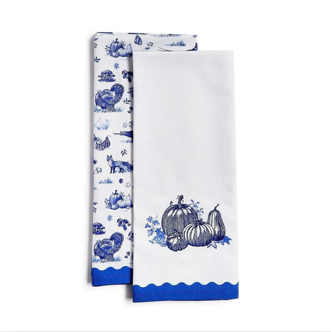 Falling for Blue Toile Dish Towel - Set of 2 Kitchen Towel Rosanne Beck Pumpkins 