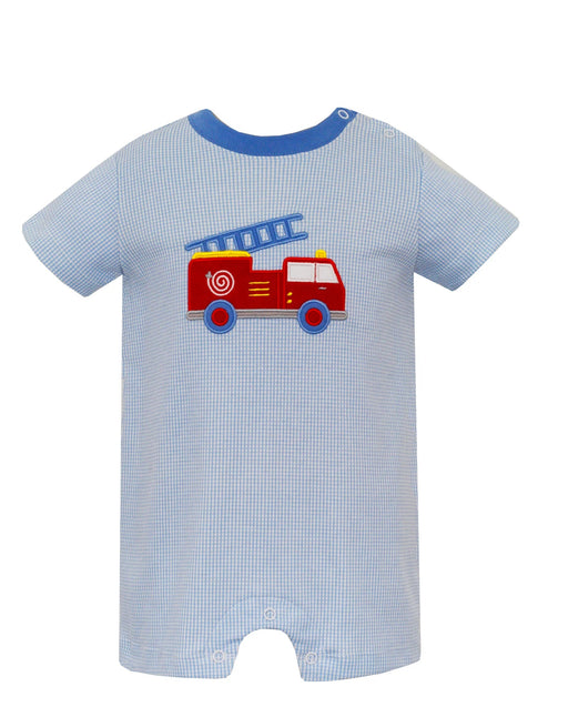 Firetruck Blue Check Romper Boy Romper Claire and Charlie 