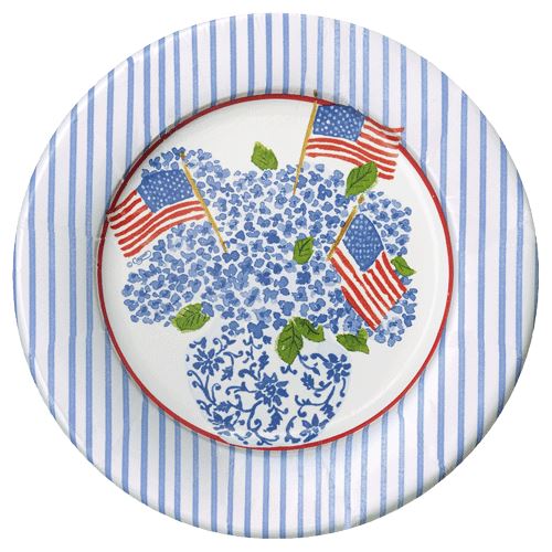 Flag and Hydrangeas Paper Salad and Dessert Plates - 8 Per Package Paper Plates Caspari 