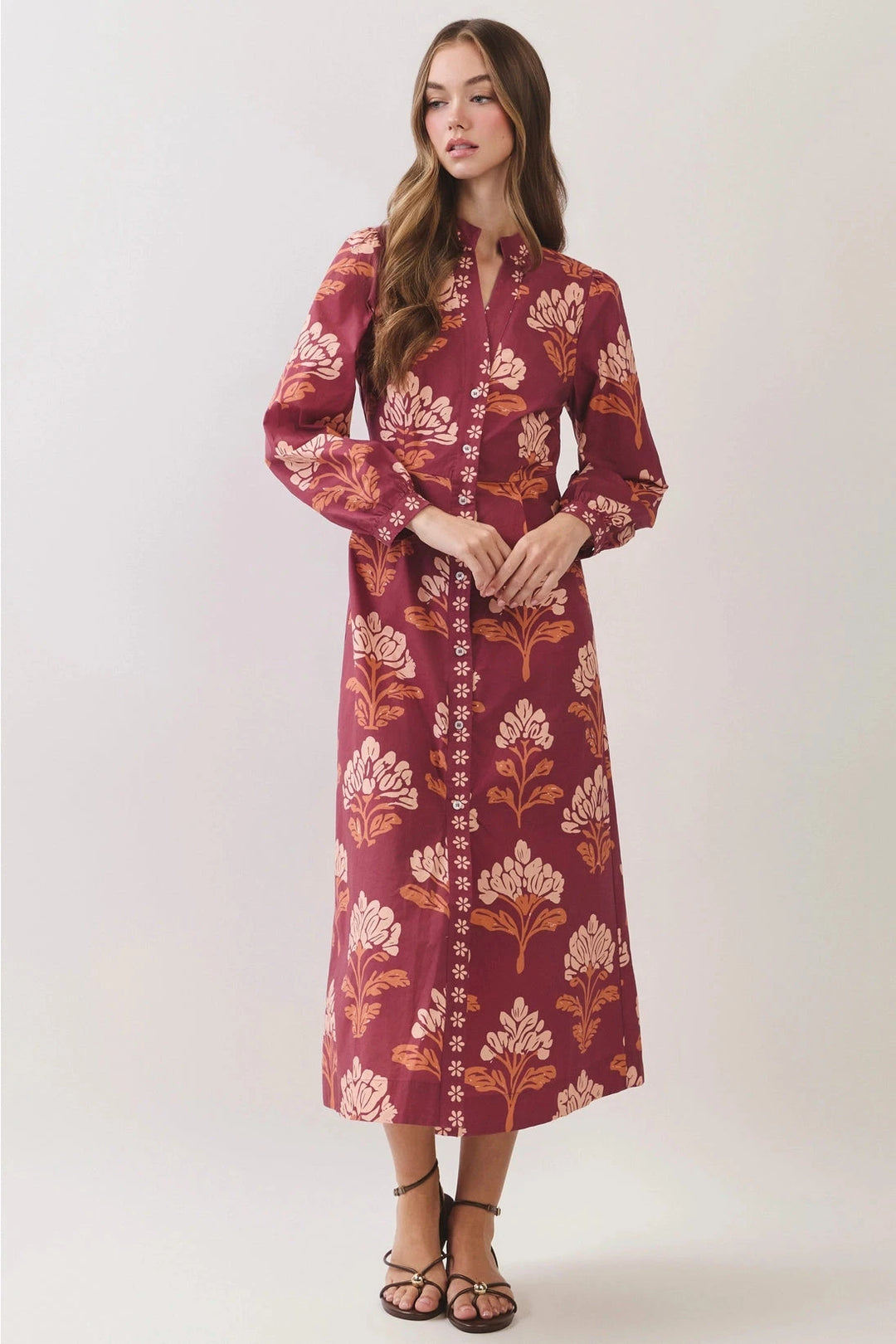 Floral Print Shirt Midi Dress Womens Dress TCEC 