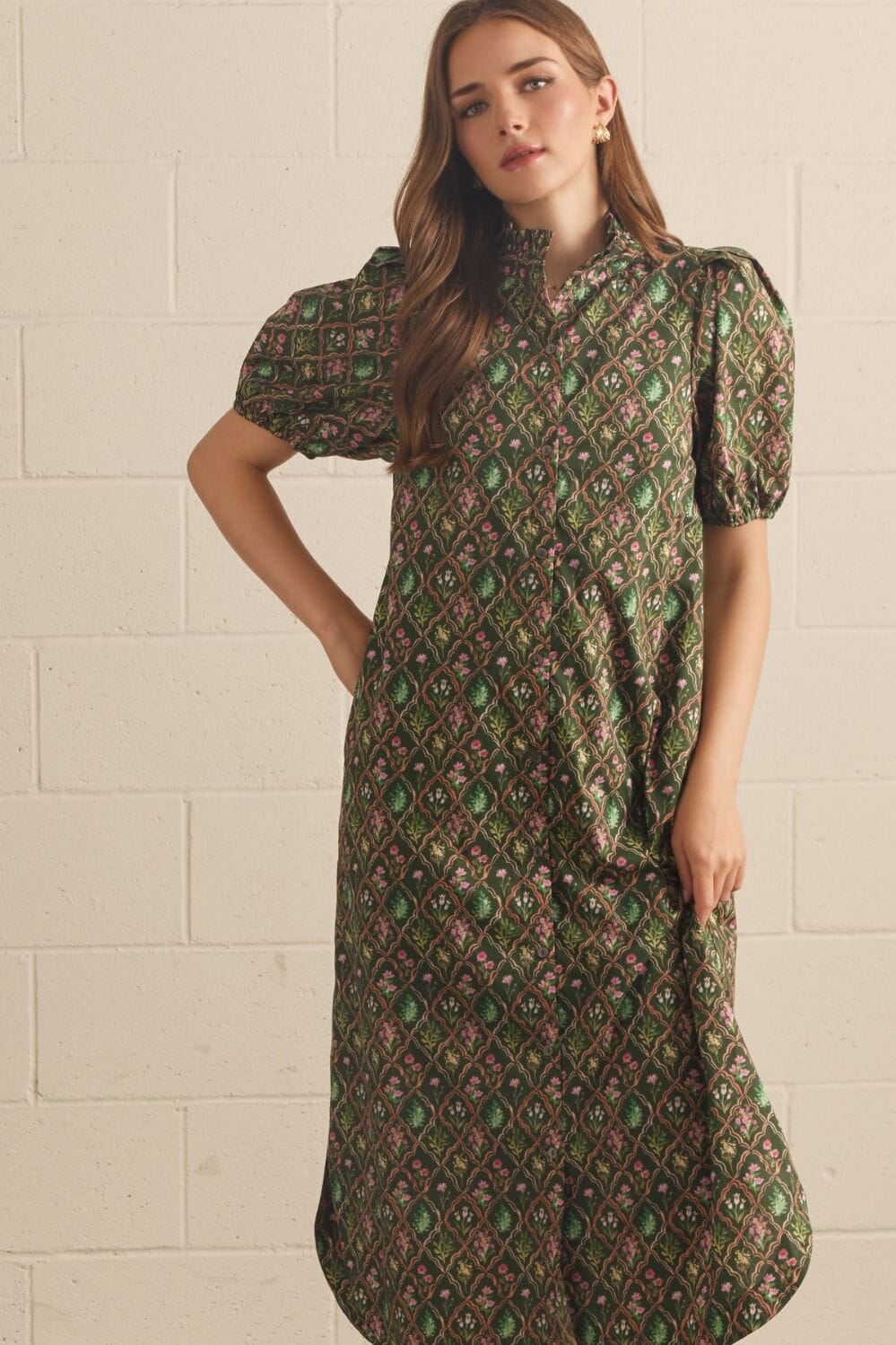 Floral Trellis Midi Dress - Pine Womens Dress Entro 